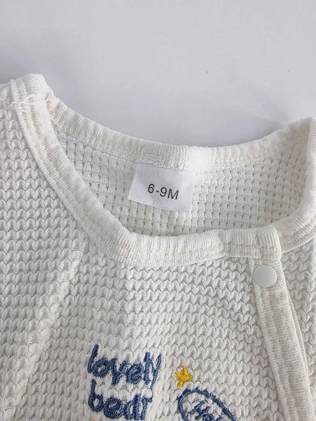 Blue Teddy Bear Waffle-Knit Romper – 6–9M