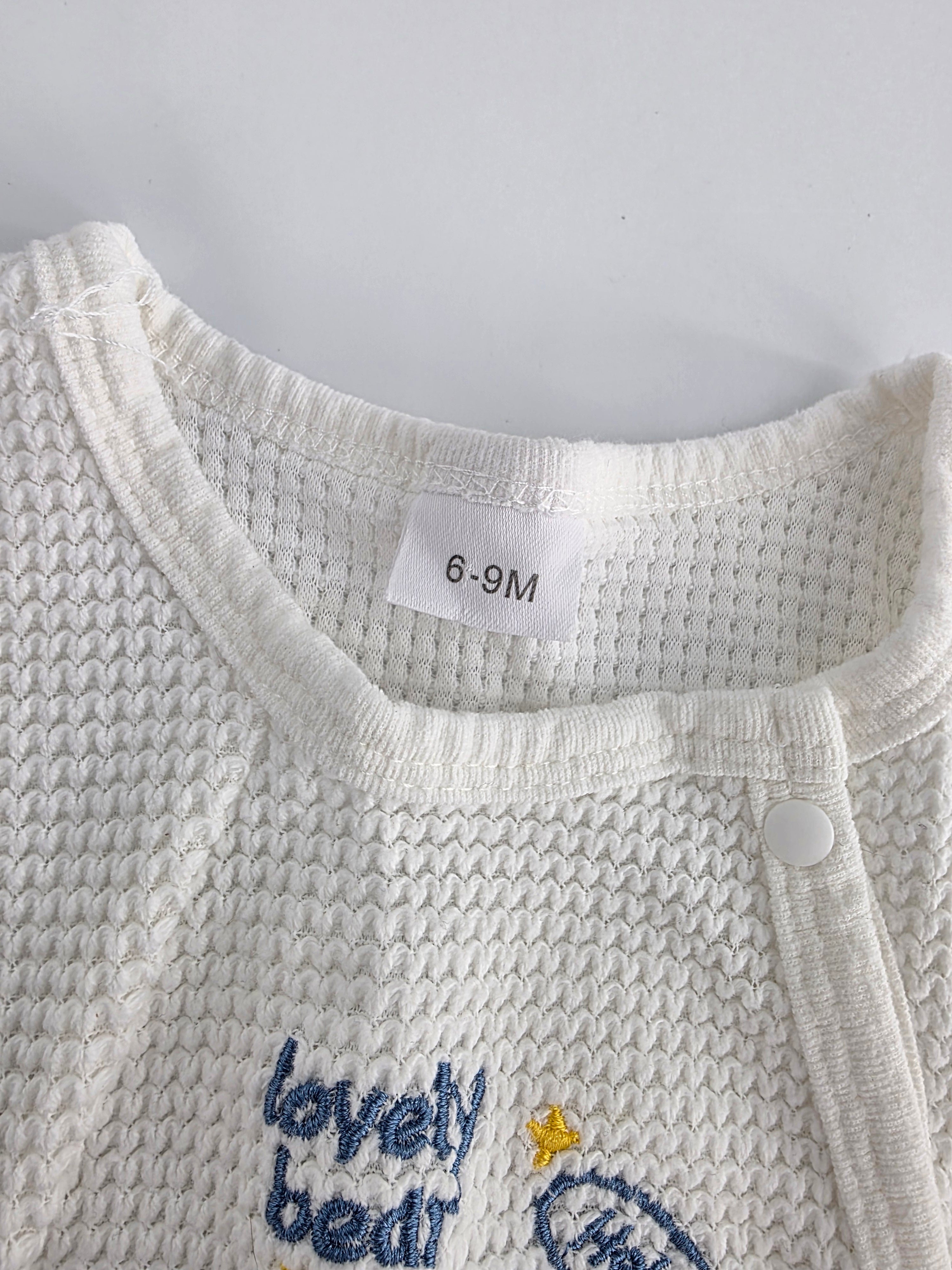 Blue Teddy Bear Waffle-Knit Romper – 6–9M