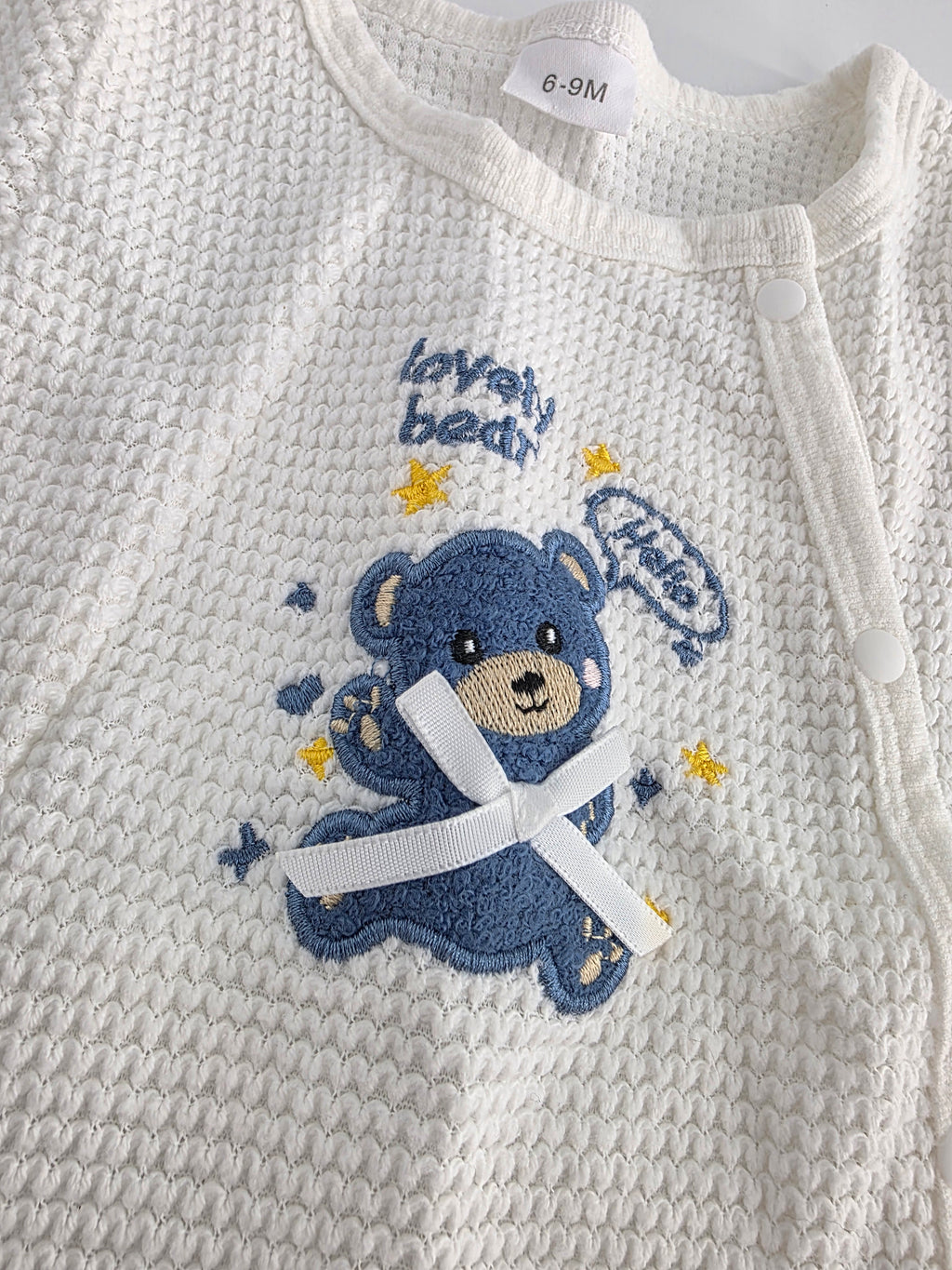 Blue Teddy Bear Waffle-Knit Romper – 6–9M