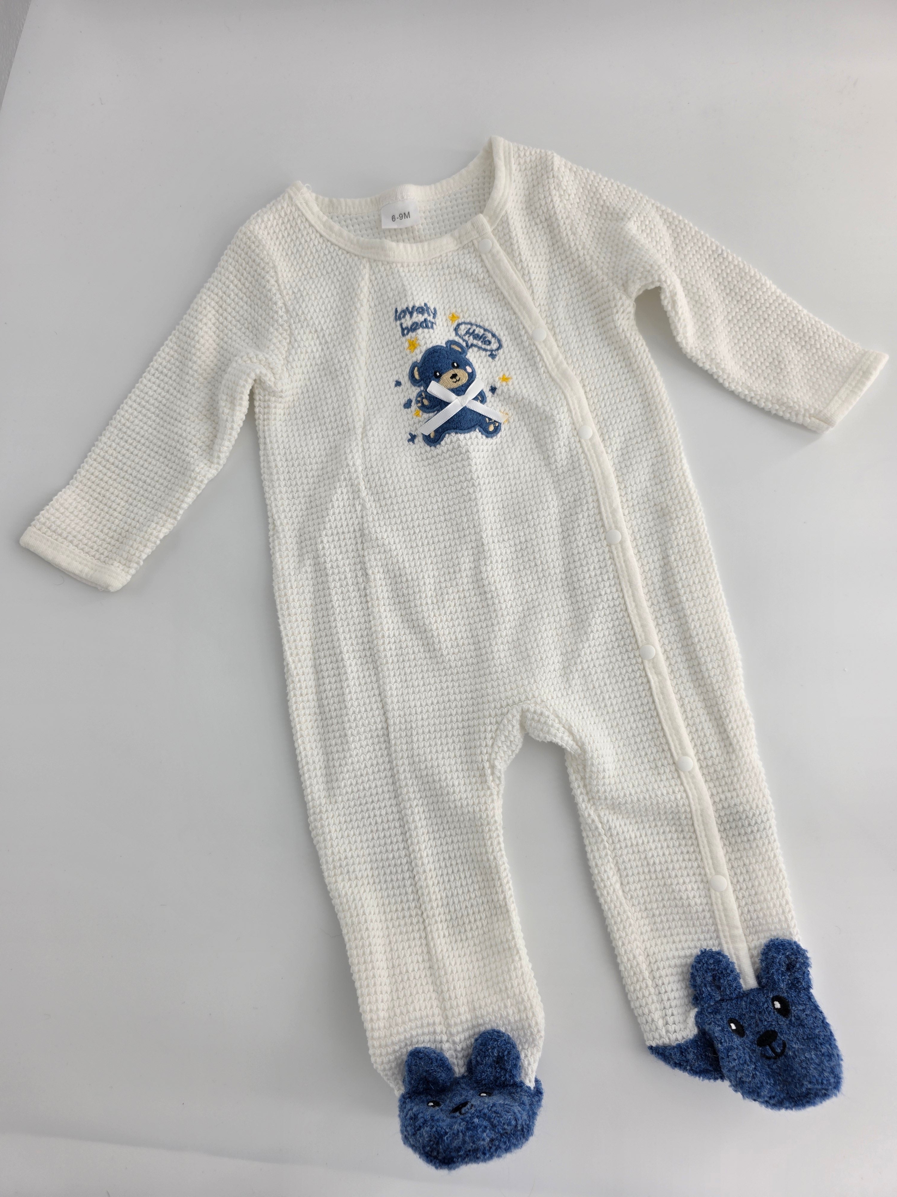 Blue Teddy Bear Waffle-Knit Romper – 6–9M