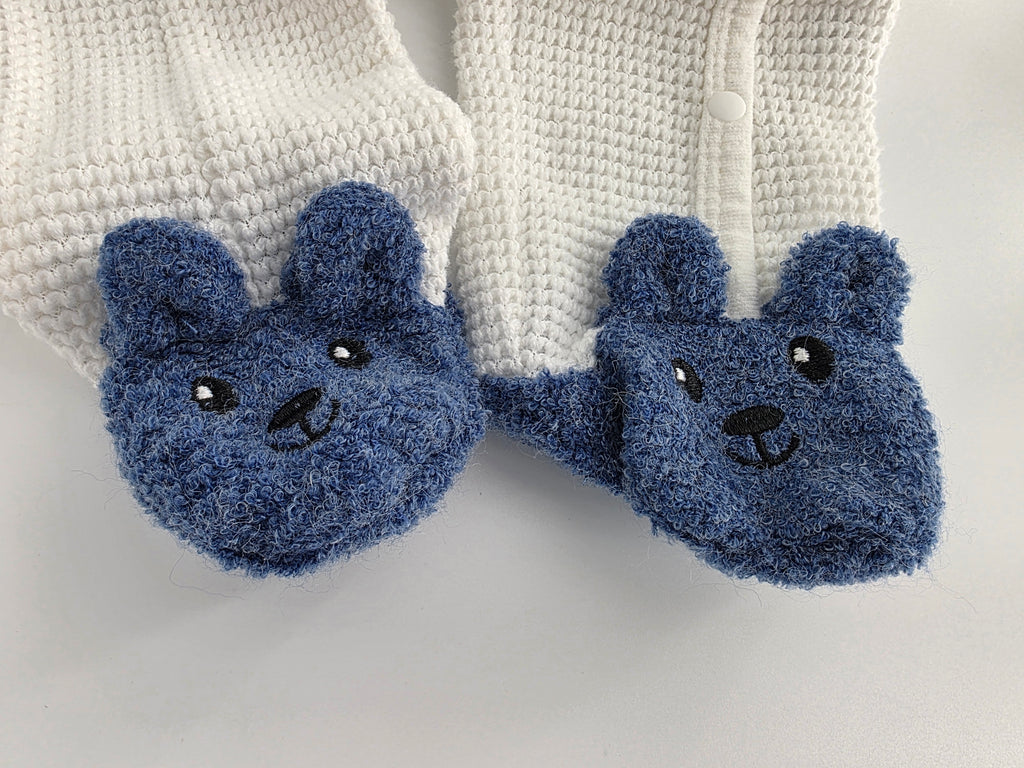 Blue Teddy Bear Waffle-Knit Romper – 6–9M